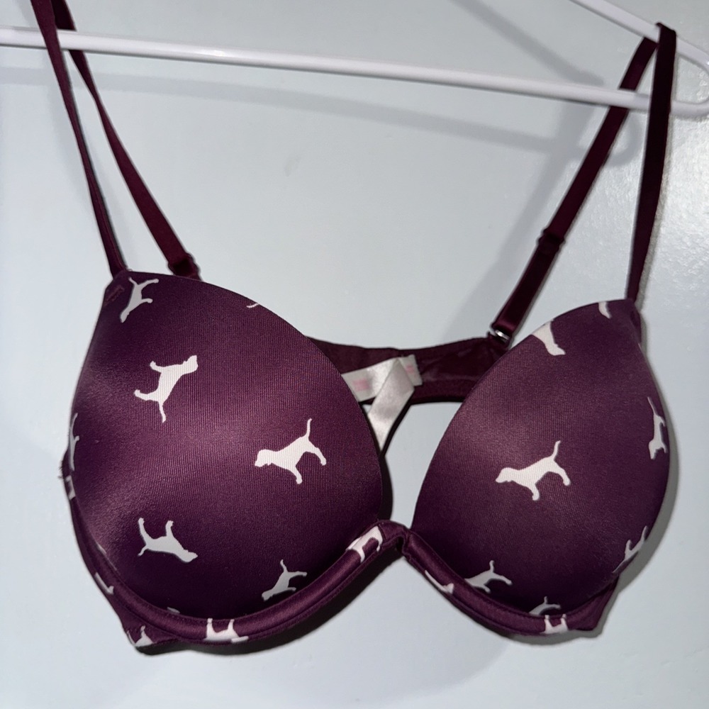 Victoria's Secret Wear Everywhere Push-Up Bra 34B Burgundy Maroon Dog Logo Print